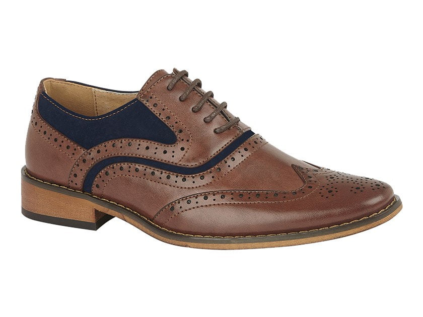 Goor Men's Dark Tan Navy 5 Eye Wing Capped Brogue Oxford Shoe
