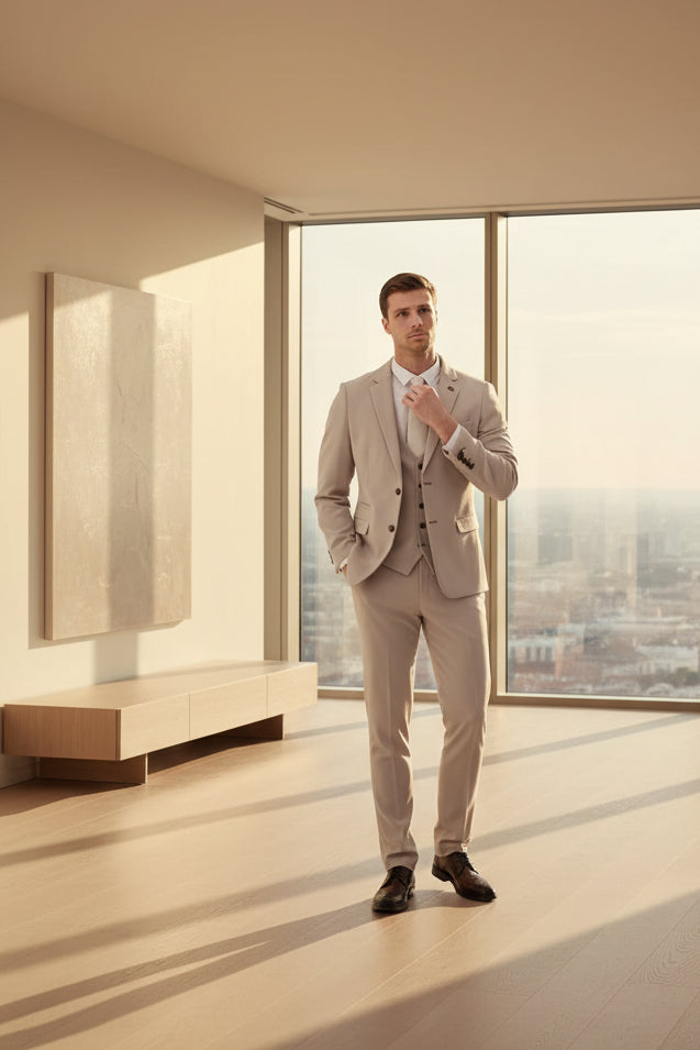 Man in a beige suit standing in a modern room with large windows.
