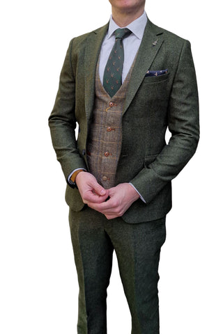 Fratelli Robbie Men’s Green Tweed Suit with Marc Darcy Ted Tan Tweed Waistcoat - Suits
