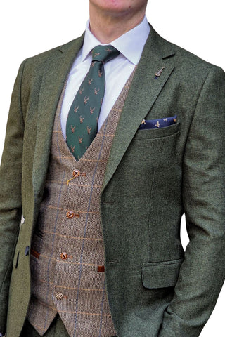 Fratelli Robbie Men’s Green Tweed Suit with Marc Darcy Ted Tan Tweed Waistcoat - Suits