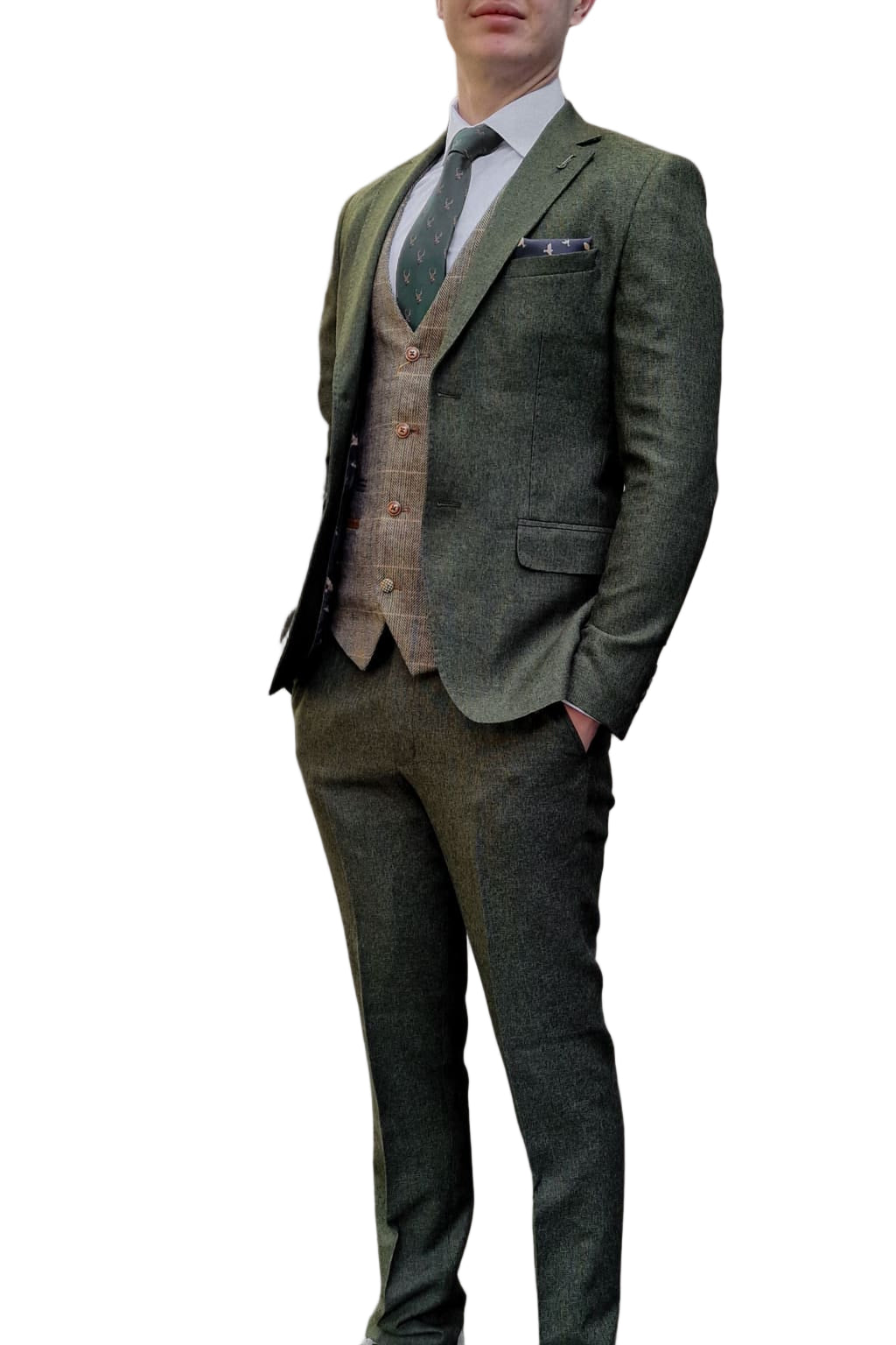Fratelli Robbie Men’s Green Tweed Suit with Marc Darcy Ted Tan Tweed Waistcoat - Suits