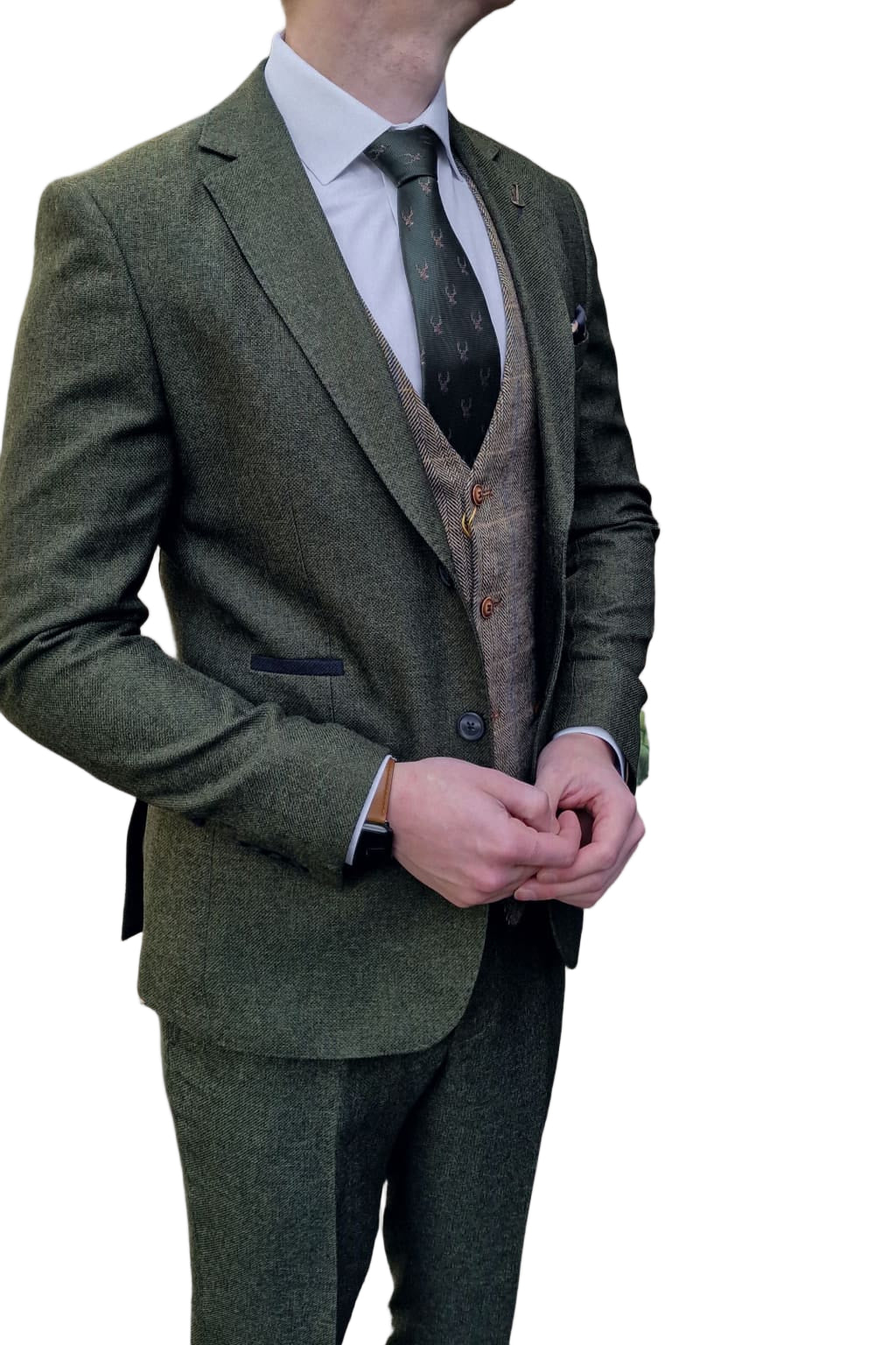 Fratelli Robbie Men’s Green Tweed Suit with Marc Darcy Ted Tan Tweed Waistcoat - Suits