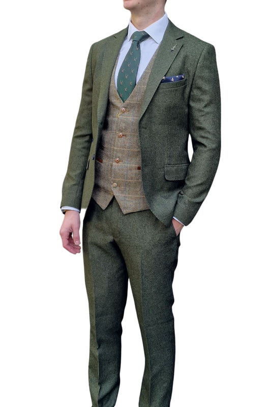 Fratelli Robbie Men’s Green Tweed Suit with Marc Darcy Ted Tan Tweed Waistcoat - Suits 1024