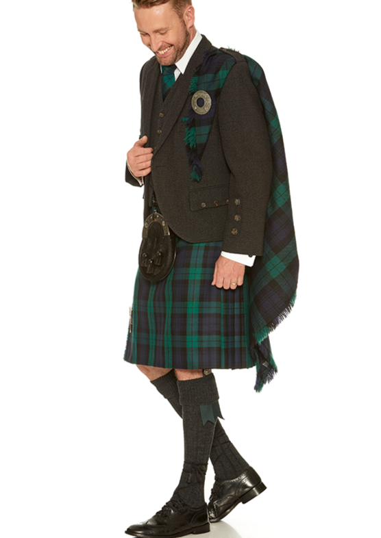 Premium Inverness Charcoal Tweed Black Watch Kilt Hire