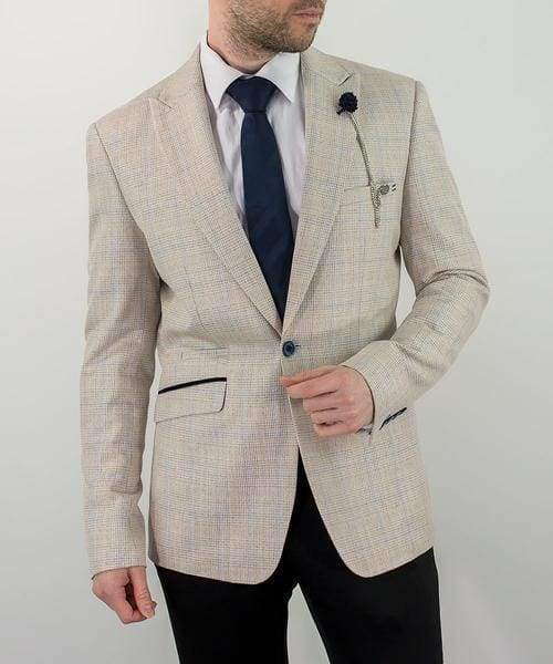 Cavani Caridi Mens Cream Slim Fit Tweed Check Caridi Blazer - 36R - Suit & Tailoring