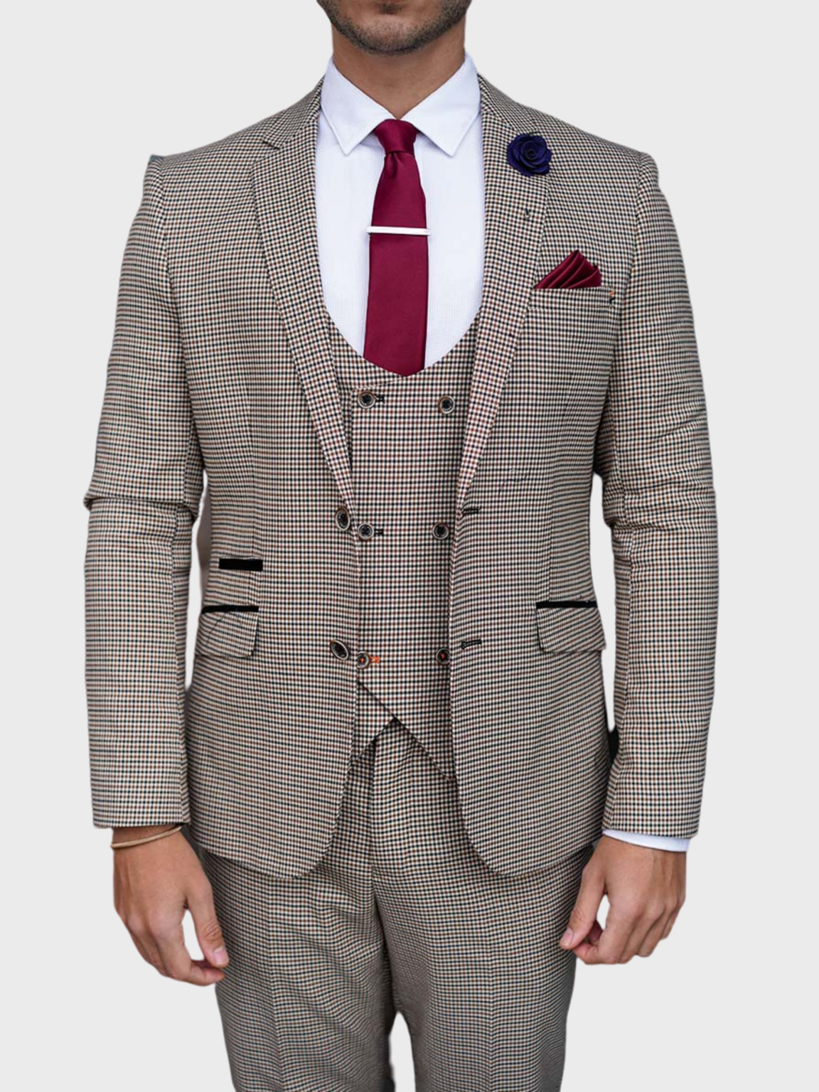 Cavani Elwood Men’s 3 Piece Grey Houndstooth Slim Fit Suit - 36R / 30R - Suit & Tailoring