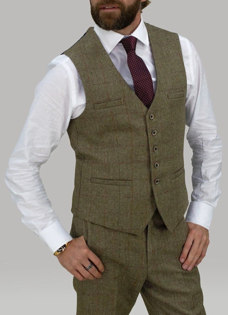 Cavani Gaston Sage Tweed Waistcoat - 36 - Suit & Tailoring