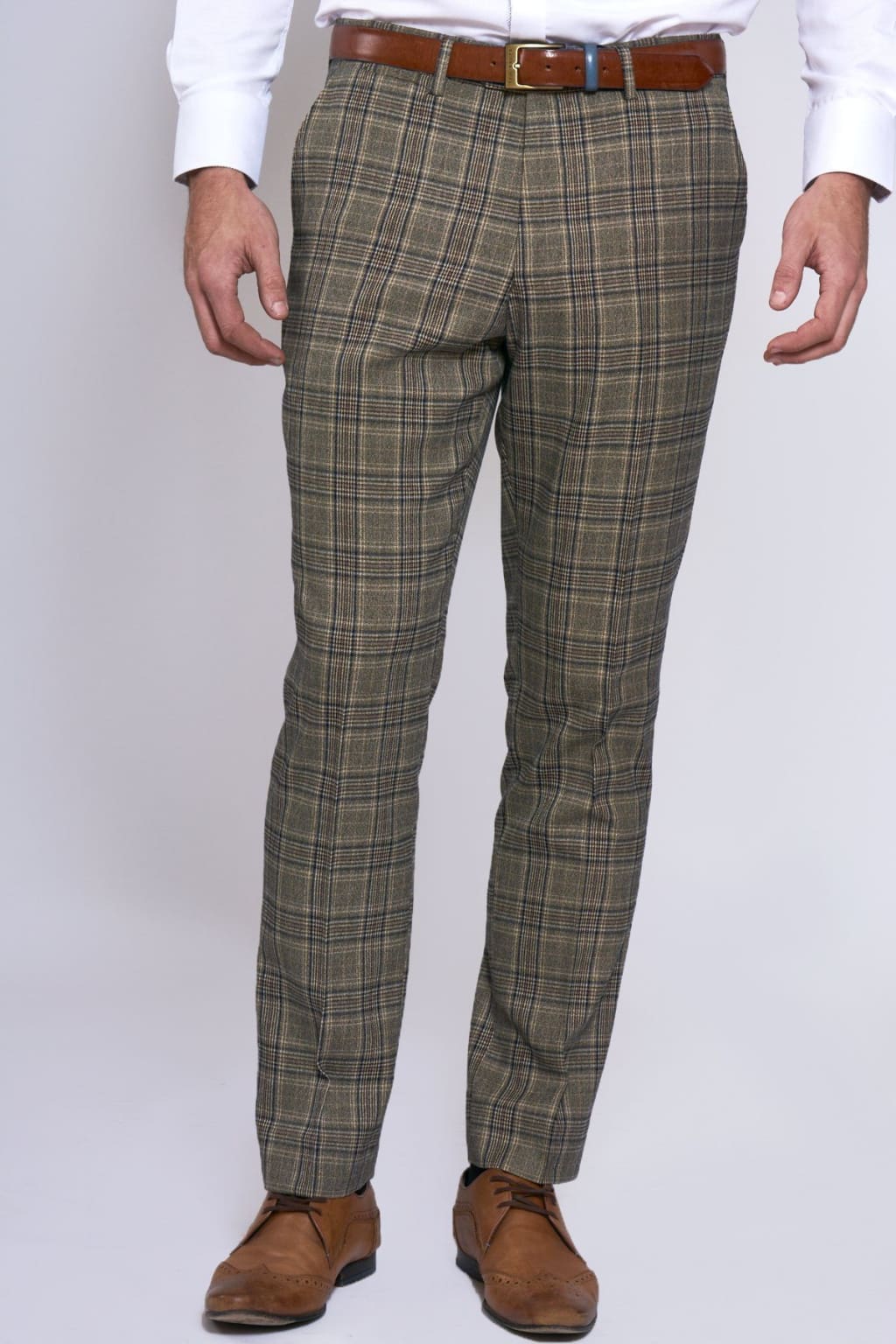 ENZO - Tan Check Tweed Trousers - Suit & Tailoring