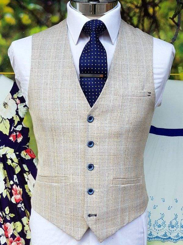 Cavani Caridi Mens Cream Slim Fit Textured Check Waistcoat - Suit & Tailoring