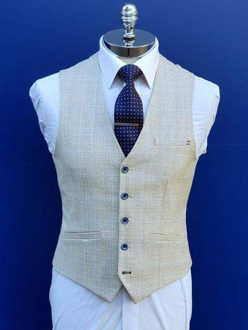 Cavani Caridi Mens Cream Slim Fit Textured Check Waistcoat - Suit & Tailoring