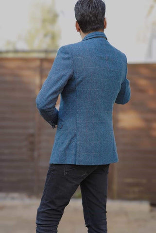 Cavani Carnegi Men’s Blue Slim Fit tweed Check Blazer - Suit & Tailoring