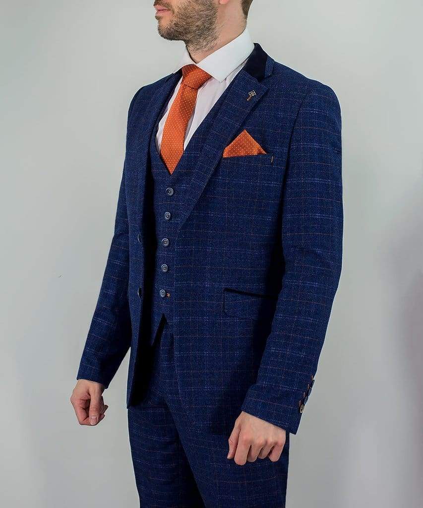 Cavani Kaiser Mens Blue Tweed Three Piece Suit - Suit & Tailoring