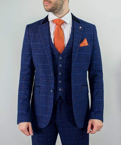 Cavani Kaiser Mens Blue Tweed Three Piece Suit - 36R / 30R - Suit & Tailoring