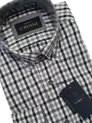 Cavani Men’s Grey Gingham Button Down Collar Shirt - Shirts