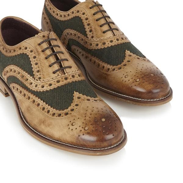 London Brogue Gatsby Leather Brogue Tan/Green Tweed Men’s Shoes - Shoes