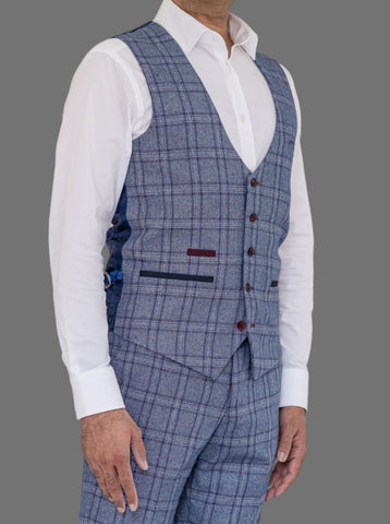 Marc Darcy Abbott Men’s Blue Tweed Check Waistcoat - 34R | EU44 - Suit & Tailoring