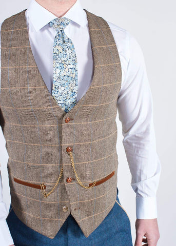 Blue Tweed Wedding Suit with Brown Waistcoat Marc Darcy Dion Ted - Suit & Tailoring