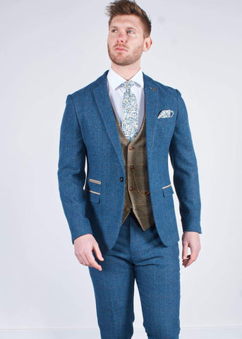 Blue Tweed Wedding Suit with Brown Waistcoat Marc Darcy Dion Ted - Suit & Tailoring