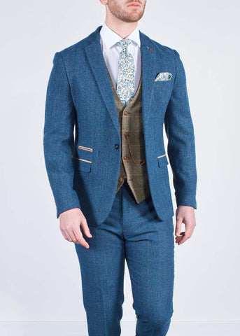 Blue Tweed Wedding Suit with Brown Waistcoat Marc Darcy Dion Ted - Suit & Tailoring