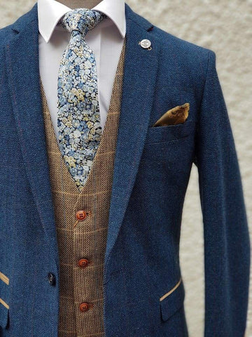 Blue Tweed Wedding Suit with Brown Waistcoat Marc Darcy Dion Ted - Suit & Tailoring