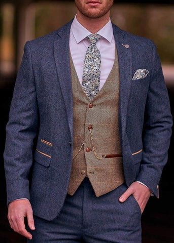 Blue Tweed Wedding Suit with Brown Waistcoat Marc Darcy Dion Ted - Suit & Tailoring