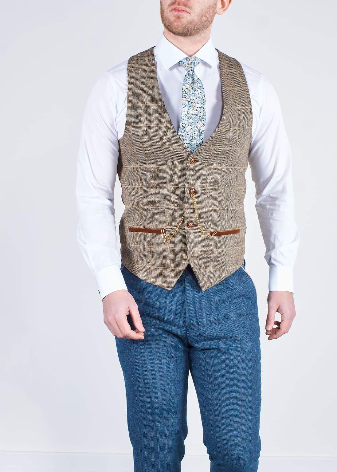 Blue Tweed Wedding Suit with Brown Waistcoat Marc Darcy Dion Ted - Suit & Tailoring