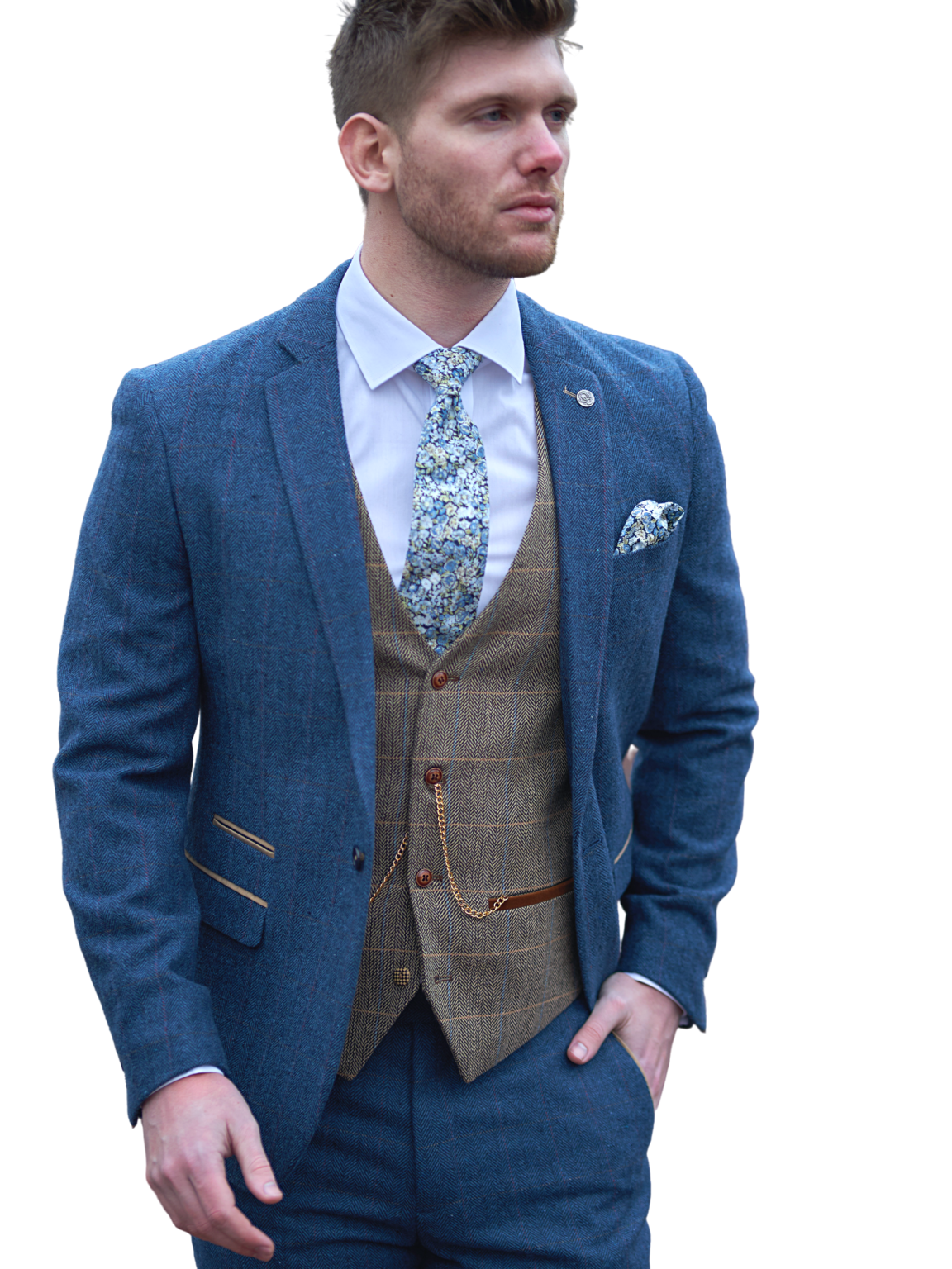 Blue Tweed Wedding Suit with Brown Waistcoat Marc Darcy Dion Ted - Suit & Tailoring