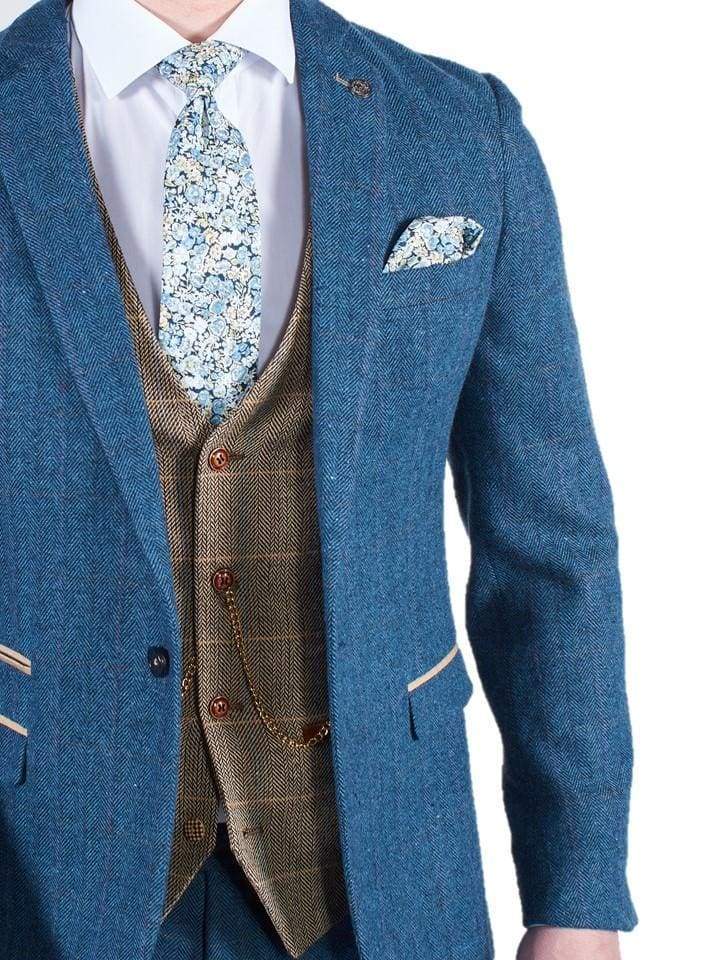 Blue Tweed Wedding Suit with Brown Waistcoat Marc Darcy Dion Ted - Suit & Tailoring