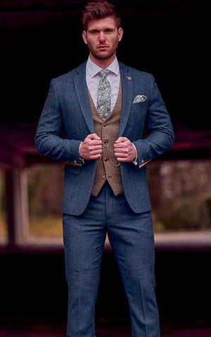 Blue Tweed Wedding Suit with Brown Waistcoat Marc Darcy Dion Ted - Suit & Tailoring