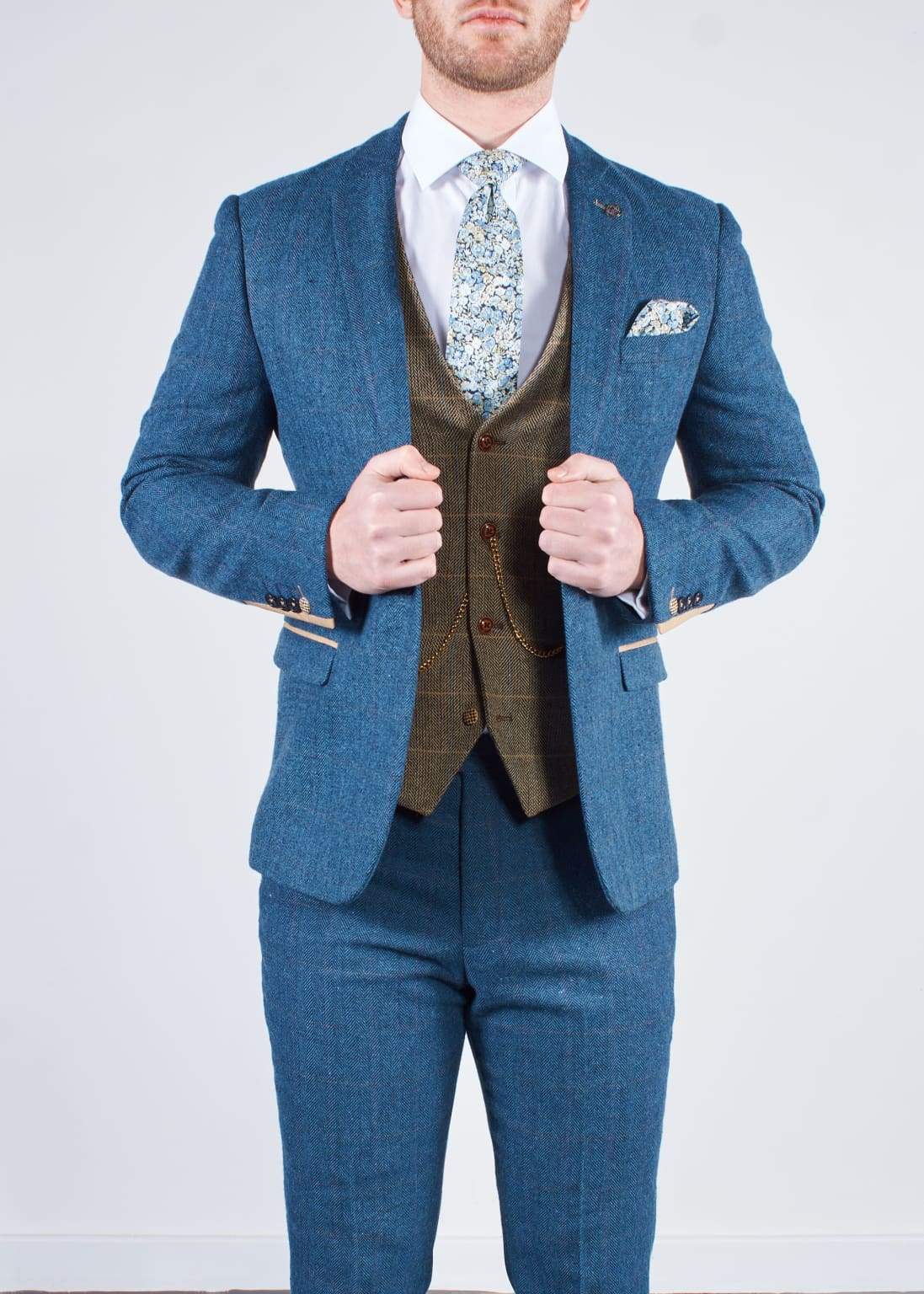 Blue Tweed Wedding Suit with Brown Waistcoat Marc Darcy Dion Ted - Suit & Tailoring