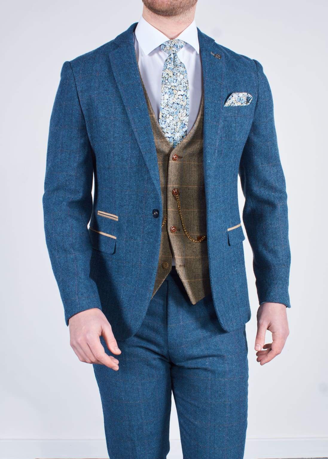 Blue Tweed Wedding Suit with Brown Waistcoat Marc Darcy Dion Ted - Suit & Tailoring