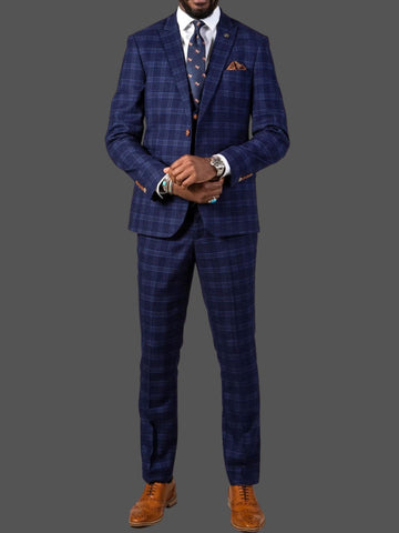 Marc Darcy Chigwell Men's Blue Tweed Check Three Piece Suit