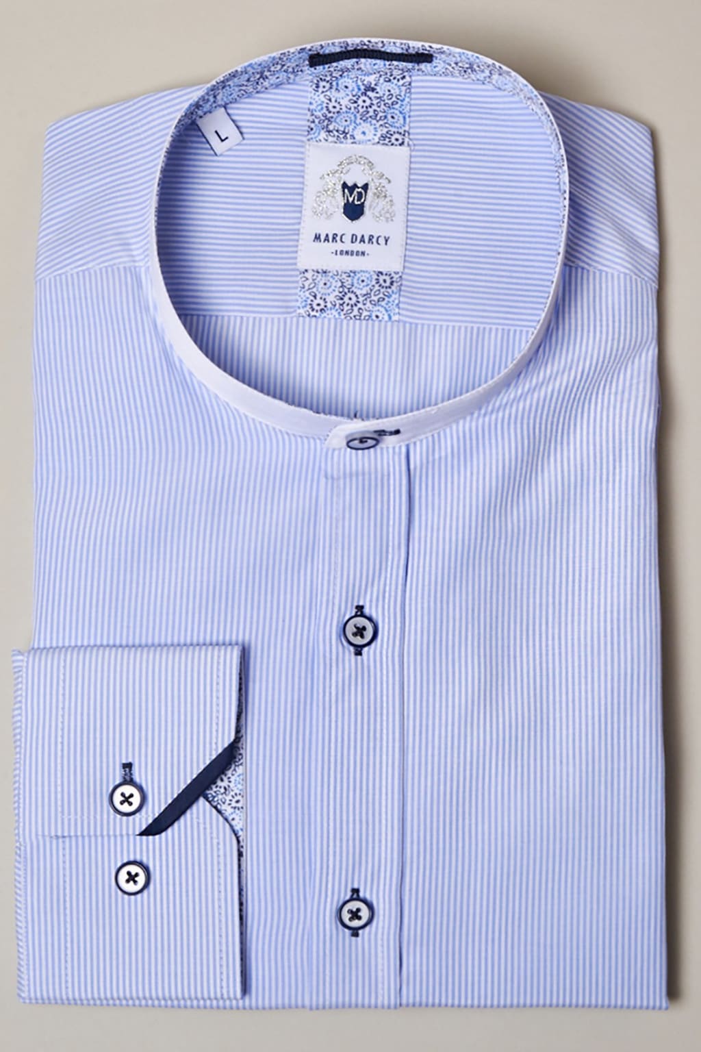 Marc Darcy Cooper Grandad Collar Sky Blue Stripe Shirt - S - Shirts