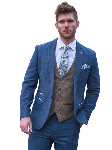 Blue Tweed Wedding Suit with Brown Waistcoat Marc Darcy Dion Ted - Suit & Tailoring