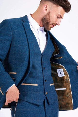 Marc Darcy Dion Mens Blue Slim Fit Check Tweed Blazer - Suit & Tailoring