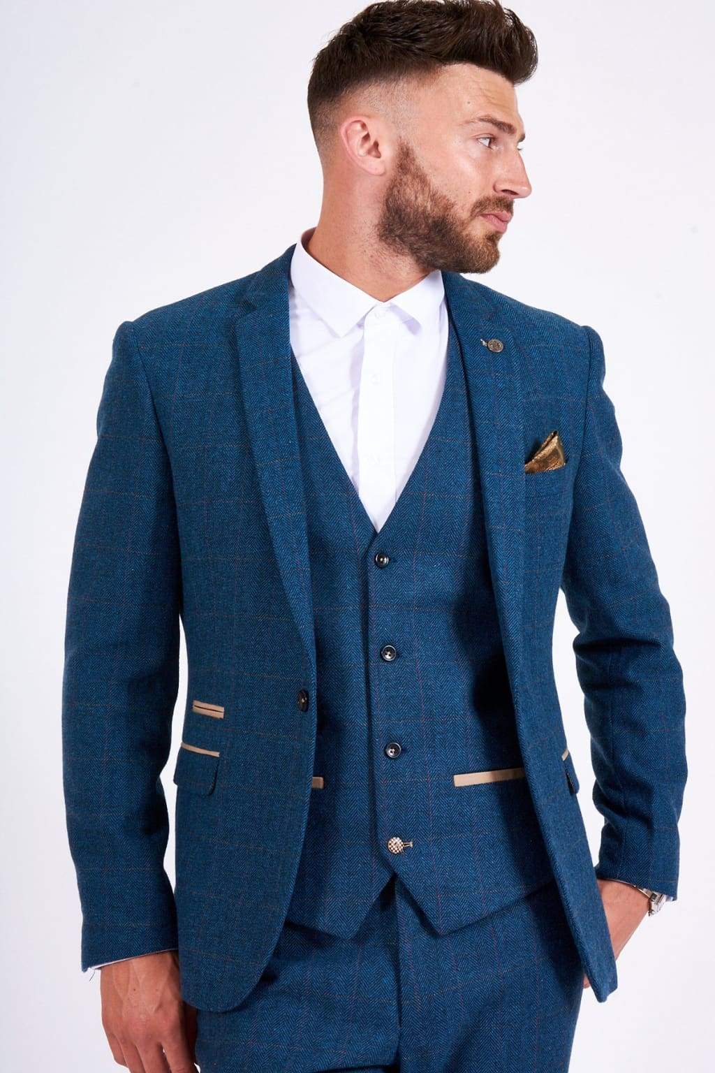 Marc Darcy Dion Mens Blue Slim Fit Check Tweed Blazer - Suit & Tailoring