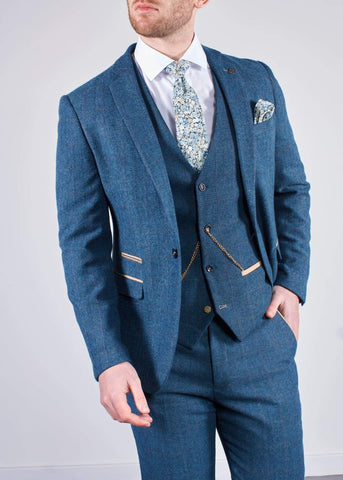 Marc Darcy Dion Mens 3 Piece Blue Slim Fit Check Tweed Suit - Suit & Tailoring