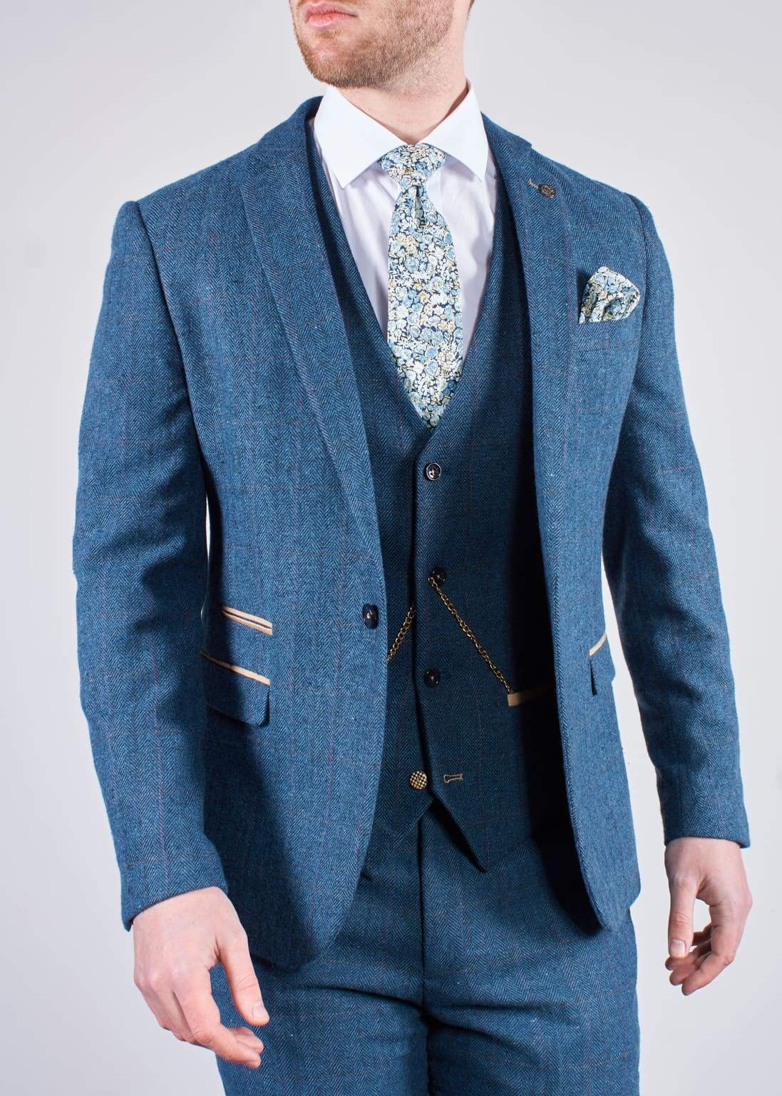 Marc Darcy Dion Mens 3 Piece Blue Slim Fit Check Tweed Suit - Suit & Tailoring