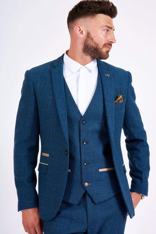 Marc Darcy Dion Mens 3 Piece Blue Slim Fit Check Tweed Suit - 36R / 30R - Suit & Tailoring