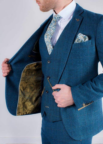 Blue Tweed Wedding Suit Slim Fit Check Dion by Marc Darcy - 36R / 30R - Suit & Tailoring