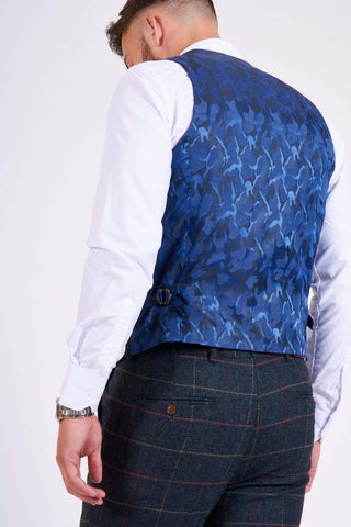 Marc Darcy Eton Mens Blue Slim Fit Tweed Check Suit Waistcoat - Suit & Tailoring