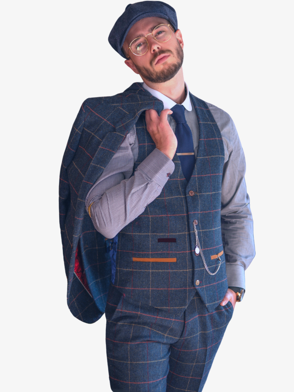 Navy Blue Tweed Check Three Piece Suit Eton by Marc Darcy - Suit & Tailoring