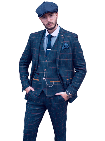 Navy Blue Tweed Check Three Piece Suit Eton by Marc Darcy - Suit & Tailoring