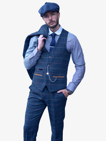 Navy Blue Tweed Check Three Piece Suit Eton by Marc Darcy - Suit & Tailoring