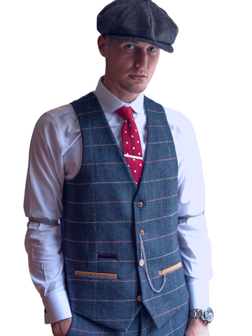 Navy Blue Tweed Check Three Piece Suit Eton by Marc Darcy - Suit & Tailoring