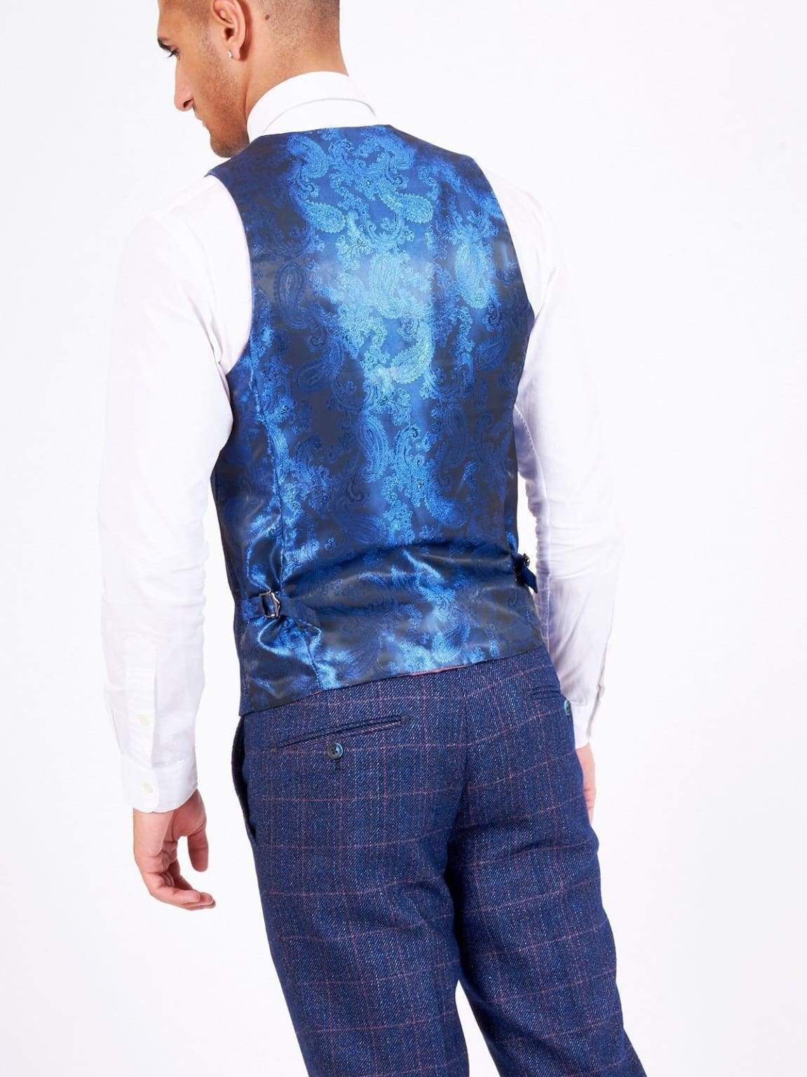 Marc Darcy Harry Mens Blue Slim Fit Tweed Check Suit Waistcoat - Suit & Tailoring
