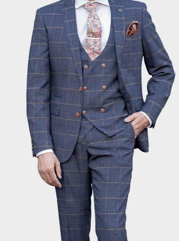 Marc Darcy Jenson Marine Navy Check Suit With Double Breasted Waistcoat - Suit & Tailoring