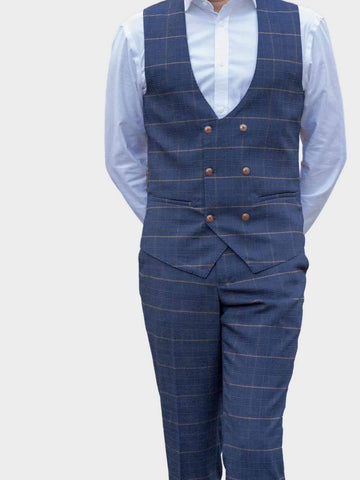 Marc Darcy Jenson Marine Navy Check Suit With Double Breasted Waistcoat - Suit & Tailoring