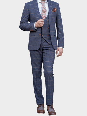 Marc Darcy Jenson Marine Navy Check Suit With Double Breasted Waistcoat - Suit & Tailoring