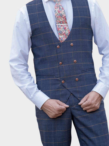 Marc Darcy Jenson Marine Navy Check Suit With Double Breasted Waistcoat - Suit & Tailoring